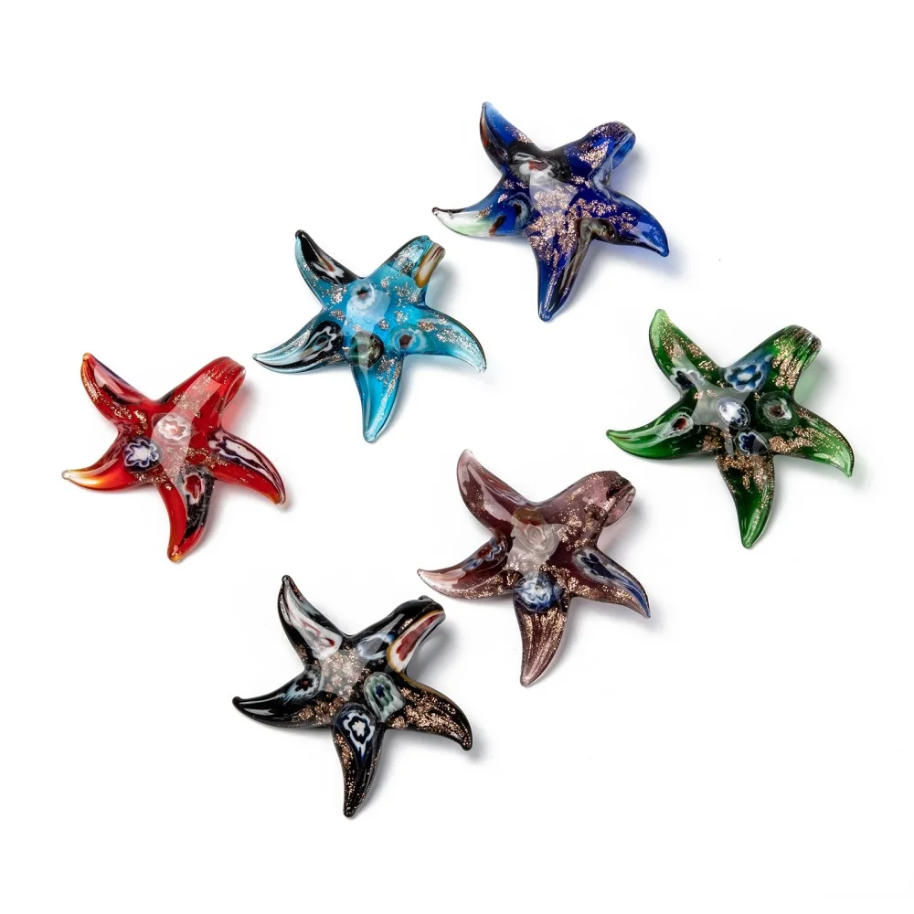 12pcs Lampwork Big Pendant Golden Sand Foil Colorful Glass Charms Teardrop Starfish Jewelry Findings DIY Craft Making Supplies