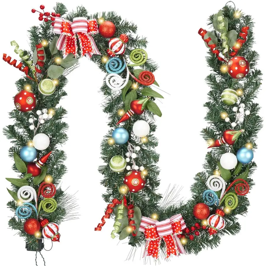 

Рождественская гирлянда длиной 9 футов с предустановленной подсветкой для камина, уличная светящаяся гирлянда с разноцветными шарами и банками для дома