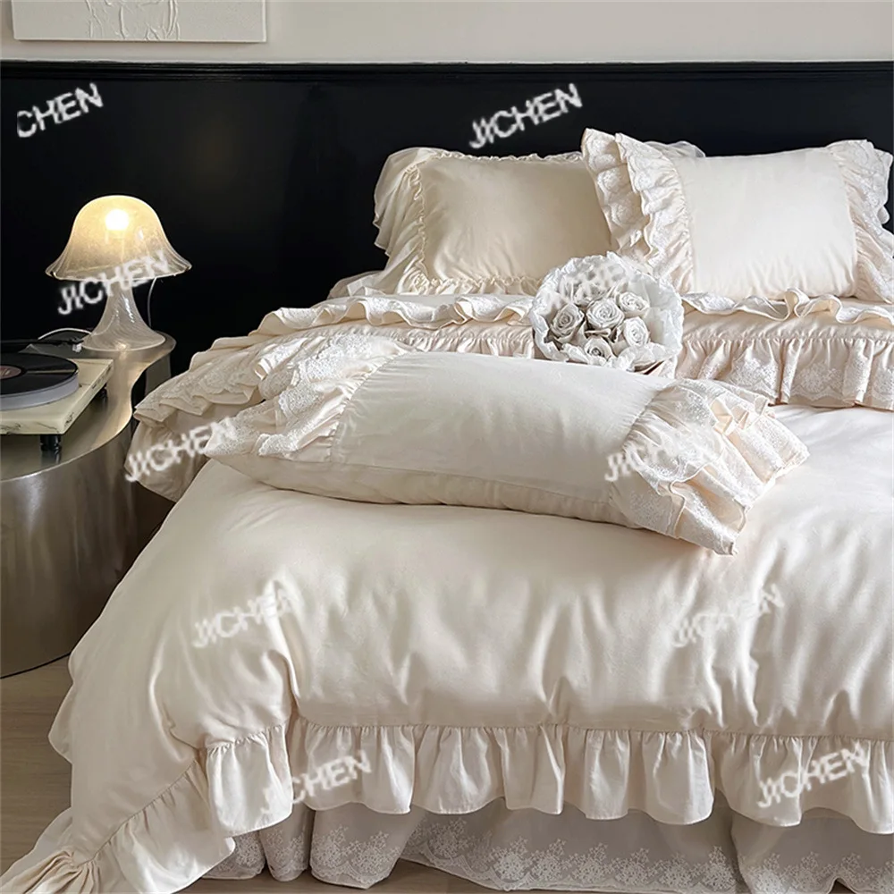 

XH Cotton Satin Polished French Princess Cotton Bed Skirt Four-piece Girl Cotton Lace Quilt Cover Bedding
