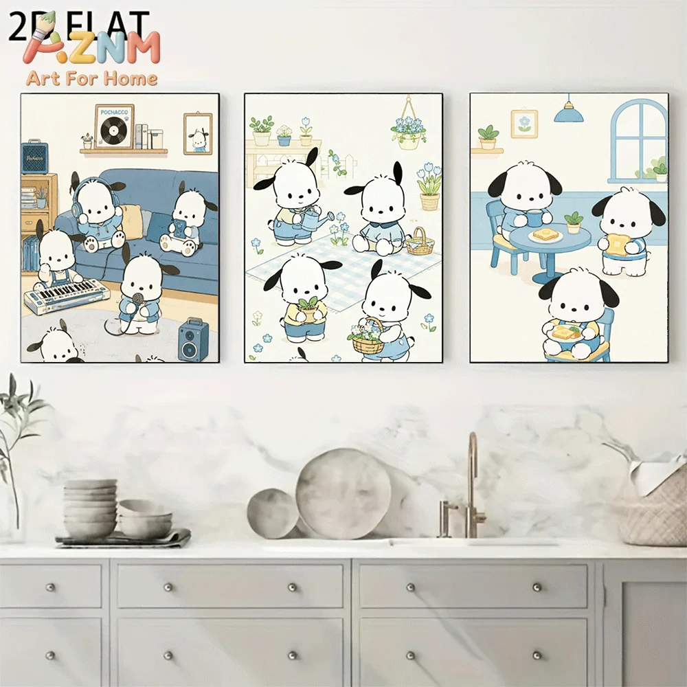AZNM Pochacco Canvas Wall Art Unframed Cute Cartoon Print Poster Home Leisure Scene Music Gardening Dining Pastel Style Design f