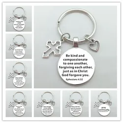 Christian Bible Keychains Cross Heart Charms Scripture Verse Stainless Steel Pendant Key Chain Religious Faith Jewelry