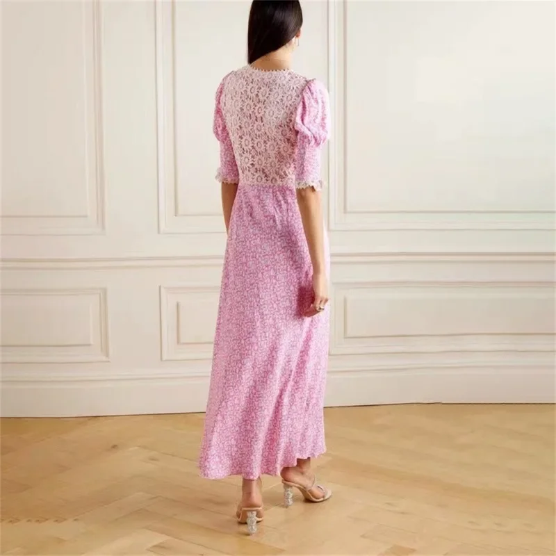 Women\'s new puff sleeve lace dress patchwork waist print casual vacation maxi dress female