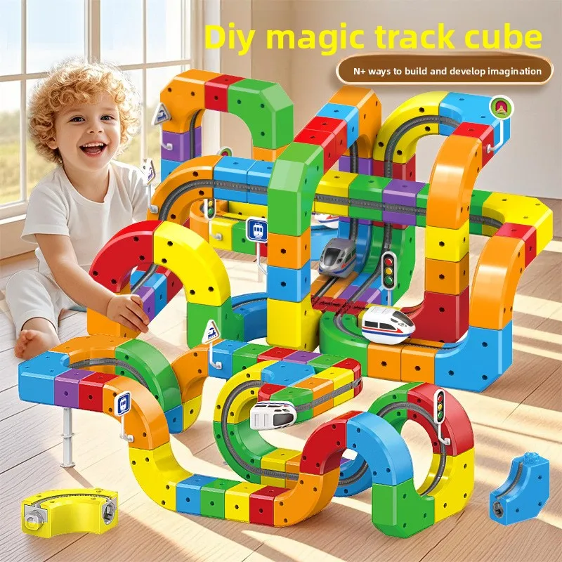 Kids Magnetic Rail Car Cube Toys Educational Toy DIY Building Blocks Magical Track Train Gravity Maze Toy Christmas Gifts