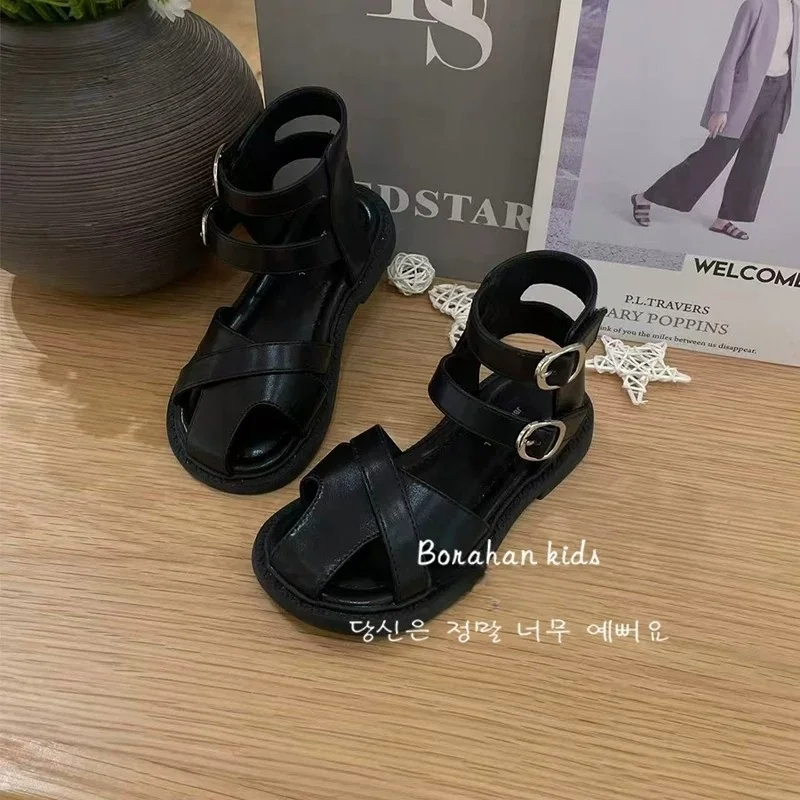 3-12year Girls Sandals Soft Bottom Princess Shoes Summer New Children High-top Roman Shoes Kids Peep-toe Beach Shoes Hollow Out