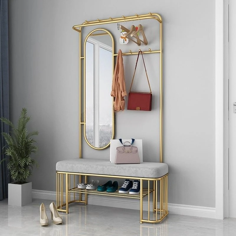 Nordic home coat rack, bedroom shoe changing stool hanging hanger floor-to-ceiling home multi-function mirror