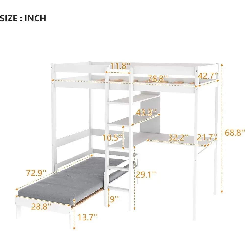 Convertible Solid Wood Bunk Bed with L-Shaped Desk, Storage Shelves, Ladder, and Included Gray Mattress for Kids and Adults