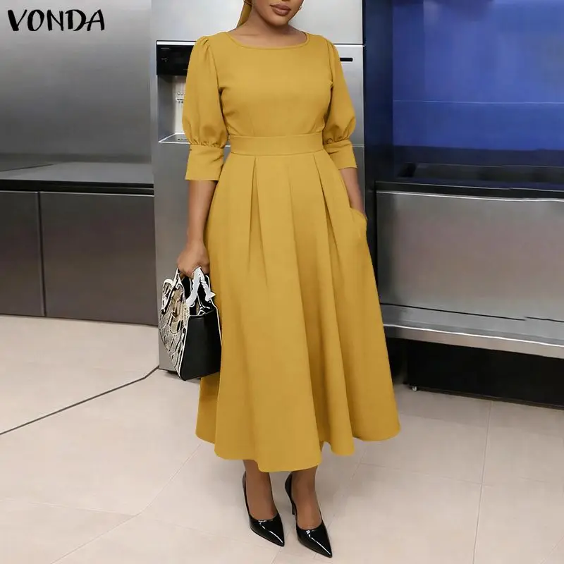 

VONDA Fashion Women Long Dress Solid Color Summer Half Sleeve Pleated Dresses A-lline O Neck Puff Sleeve Vestidos OL Streetwear