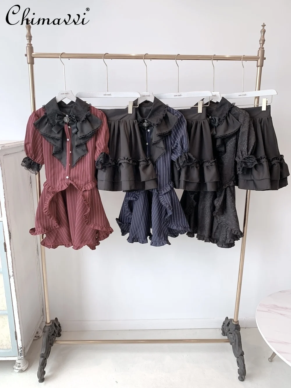 

Japanese Gothic Style Elegant Palace Lace Patchwork Striped Solid Color Short Sleeve Dress Shorts Set Girls Lolita Two-Piece Set