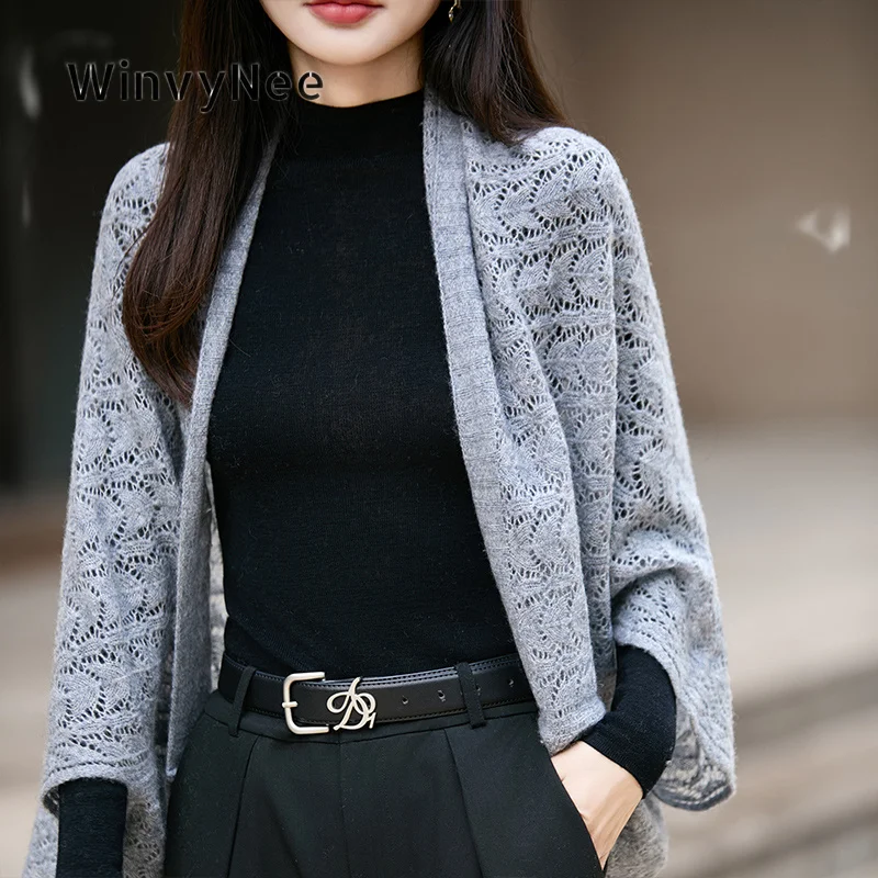 WinvyNee Women Solid Pure Wool Knitted Hollow Shawl Scarf Light Cozy Windproof Outer Wrap In Cool Fall Winter Days ZG1673018