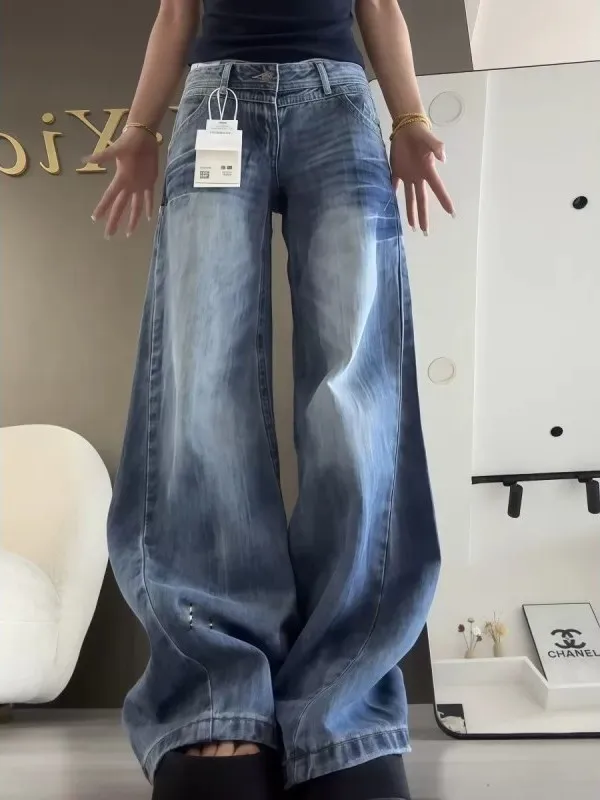 Calças Jeans de Cintura Baixa com Design Americano para Homens e Mulheres, Novas, Lavadas, Vintage, Soltas, de Perna Reta, Co...