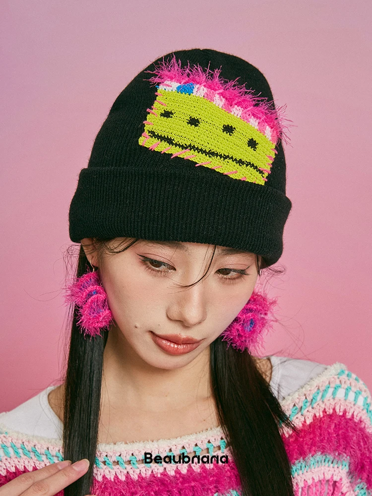 Hand-Knitted Yellow Banana Pattern Women's Knit Hat Geometric Color Block Street Style Spring Autumn Winter Unisex Cap