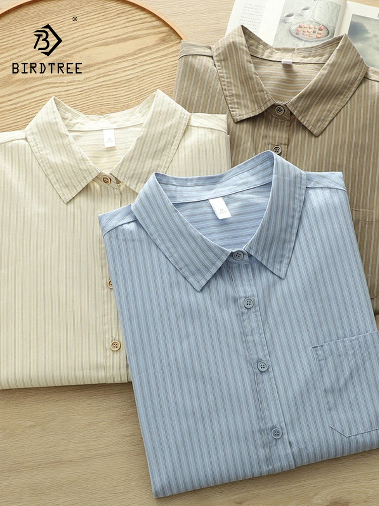 

Новая женская хлопковая рубашка с длинным рукавом на весну 2026, с отложным воротником, в полоску, в стиле Mori Girl, для офиса и повседневной носки, свободная блузка T63827CC