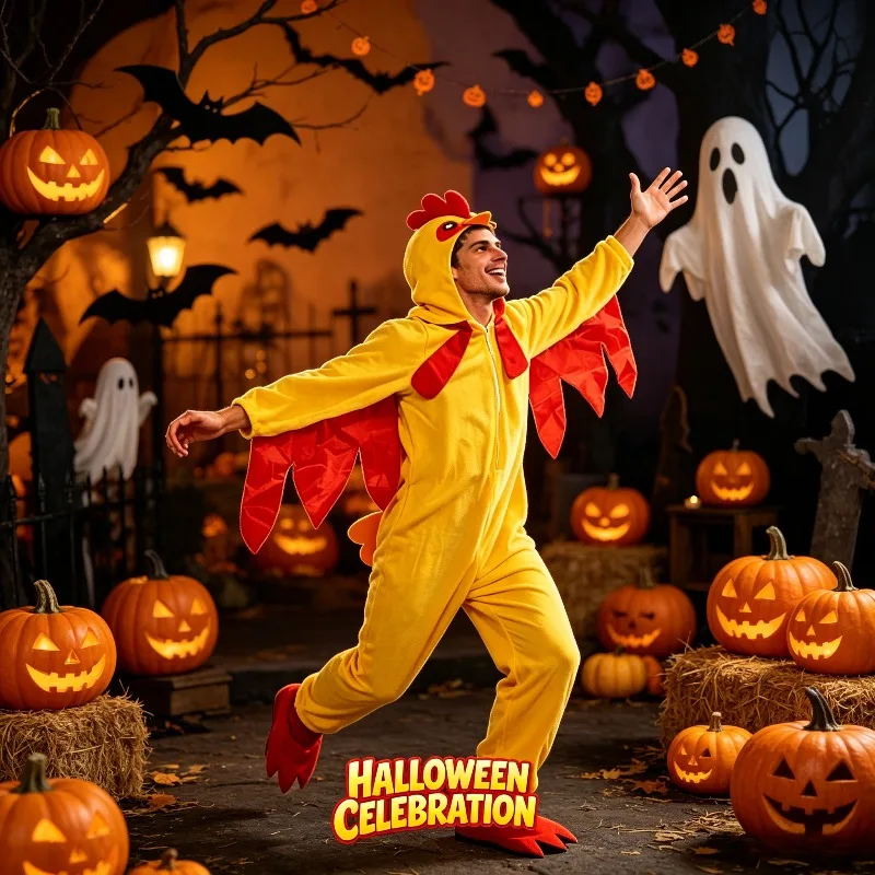 Halloween Men's Costume Chicken Mascot Costume Jumpsuit Fun Animal Performance Costumes for Carnivals and Themed Parties