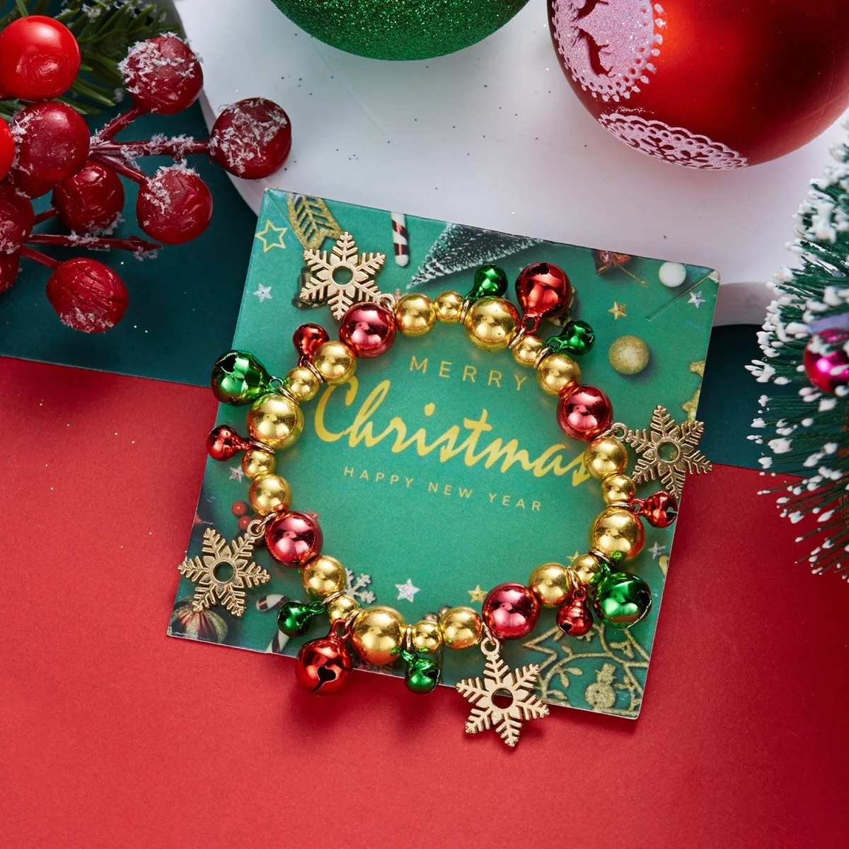 Weihnachtsbaum-Schneemann-Zuckerstangen-CCB-Perlenarmbänder für Damen, rot-grün, mit Glöckchen, Rentier, elastischer Armreif, Neujahrs-Schmuck – Detail 12