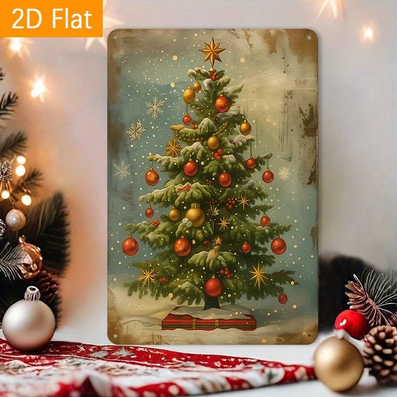Christmas Tree Tin Sign - Vintage Decorated Tree, Fit for Retro Home Decor/Christmas - Themed Antique Shop, s/