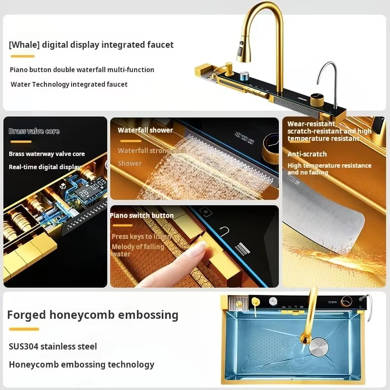 Gold SUS Smart Kitchen Sink Nano Stainless Steel Hand Made Kitchen Sink Waterfall Kitchen Sink with Digital Display