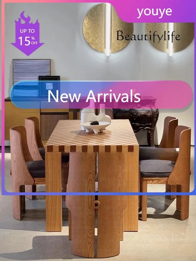 N36 Medieval wabi-sandy wind solid wood striped dining table household simple  homestay dining table and chair combination