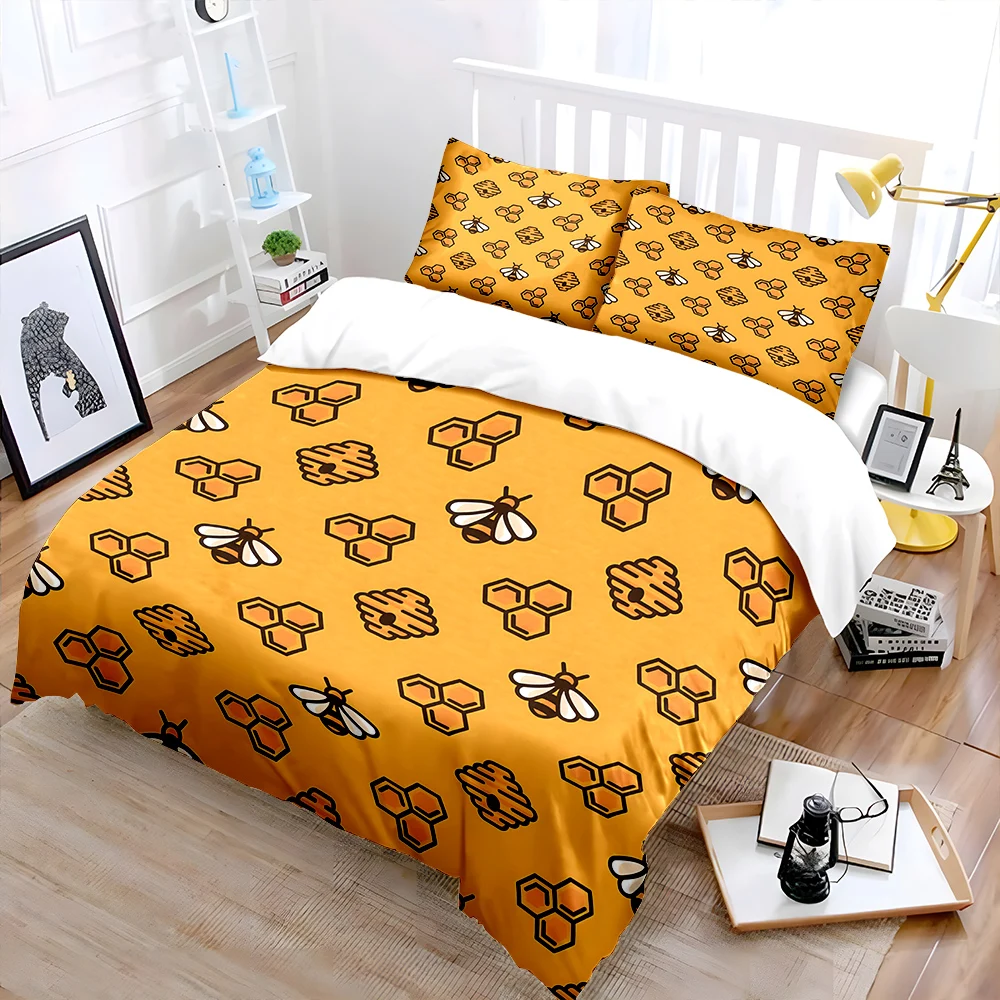 Honeycomb and Bee Pattern Background Bedding Set 1 Duvet Cover 2 Pillowcases for Adult and Children Luxury Gift Full Size