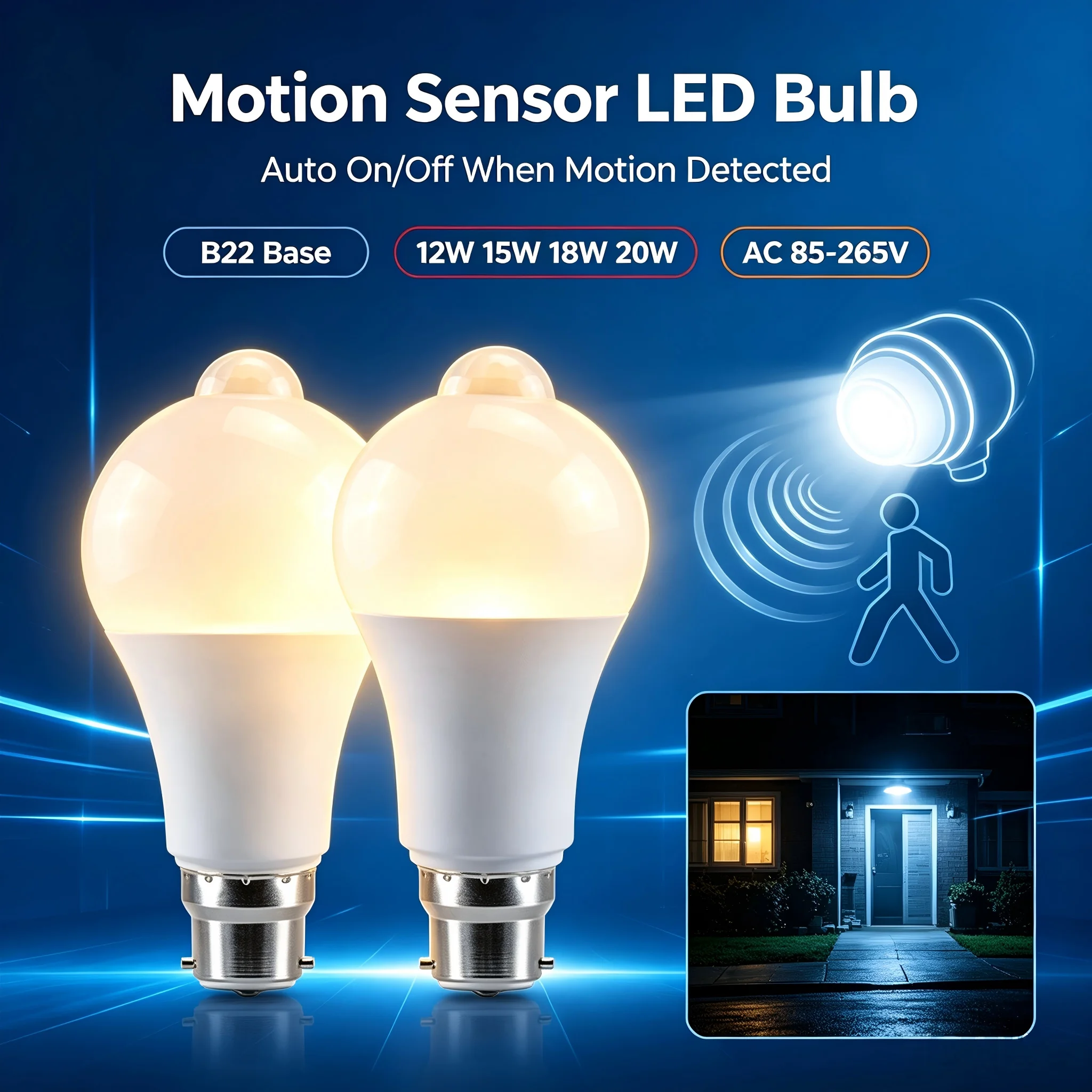 B22 PIR Motion Sensor LED Bulb 12W 15W 18W 20W Auto-On-Off Security Light for Home Garage Parking AC 85-265V Sensor LED Lamp