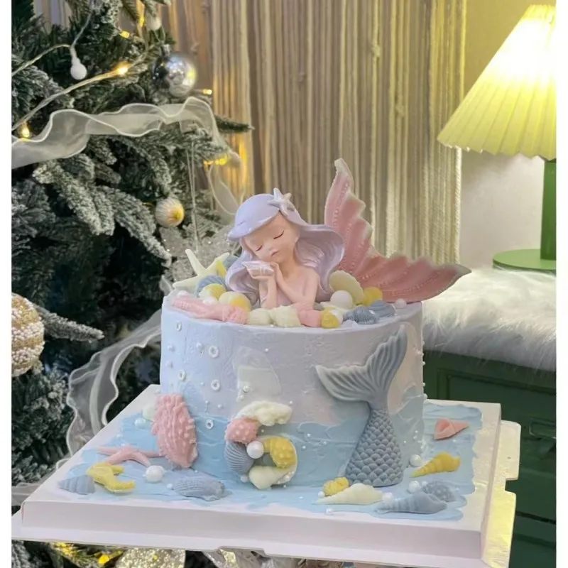 Resin Girl Mermaid Cake Topper Princess Happy Birthday Ocean Theme Shell Party Cake Decoration Baby Shower Mermaid Supplie view 2