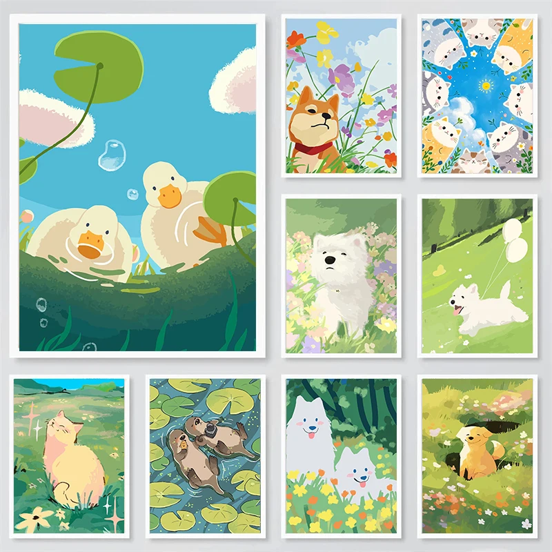 Happy Animals in Flowers Meadow Poster Ducks Dogs Cat Prints Diamond Painting Wall Art Picture for Nursery Home Kids Room Deco
