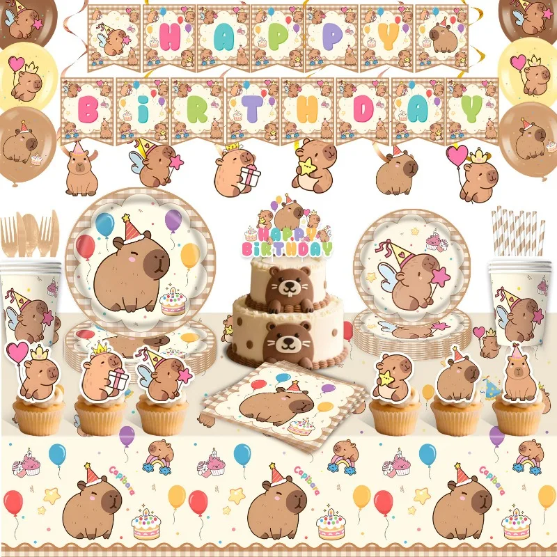 

Kapibabala Birthday Party tableware set, cute Capybara paper plate, banner birthday cake decorations