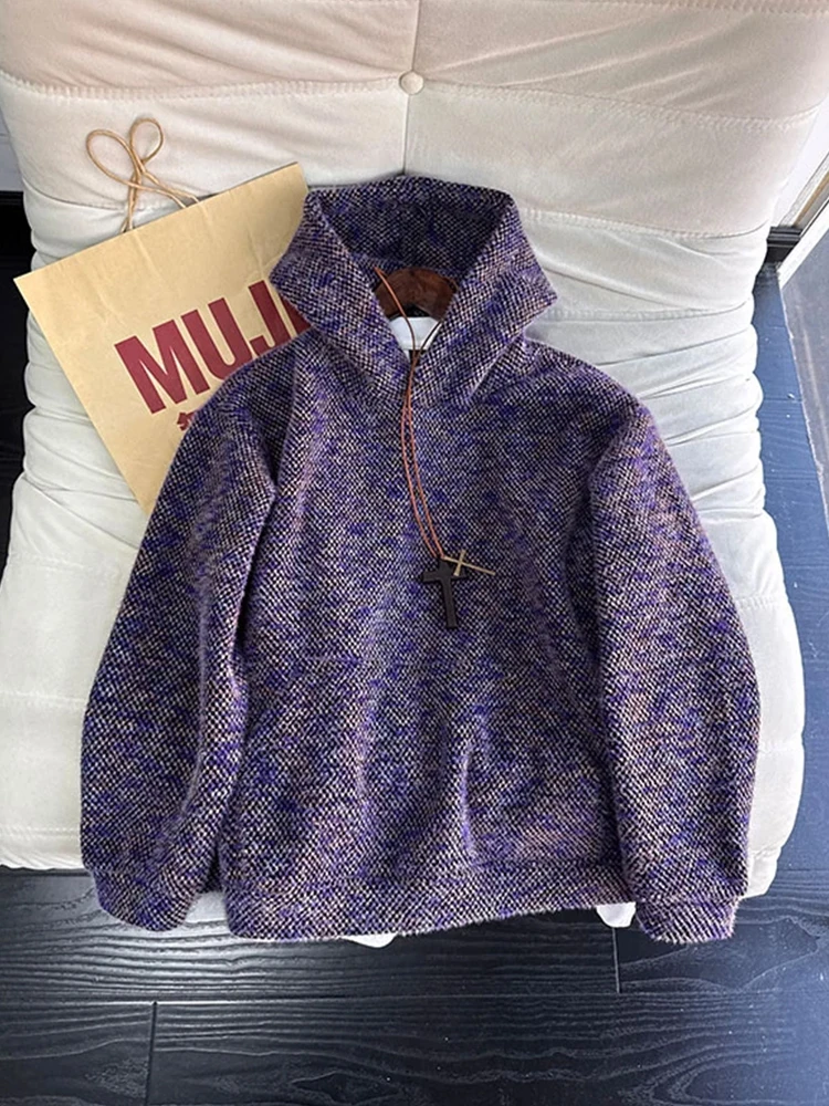 

Фиолетовая американская вязаная толстовка-худи для мужчин, утепленная, плотная, в стиле Cleanfit, повседневная верхняя одежда, зимнее модное пальто