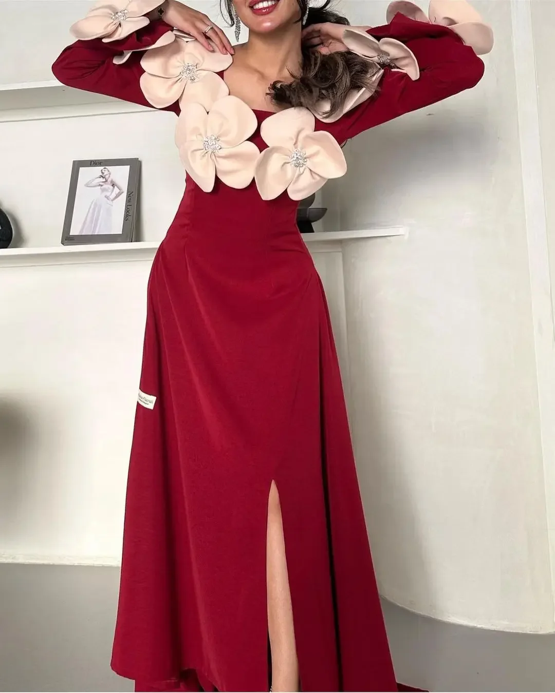 customized Vintage Long Sleeves Square Neck Prom Dresses Pleated Flowers Floor Length Side Split Vestidos De Fiesta Evening Dres