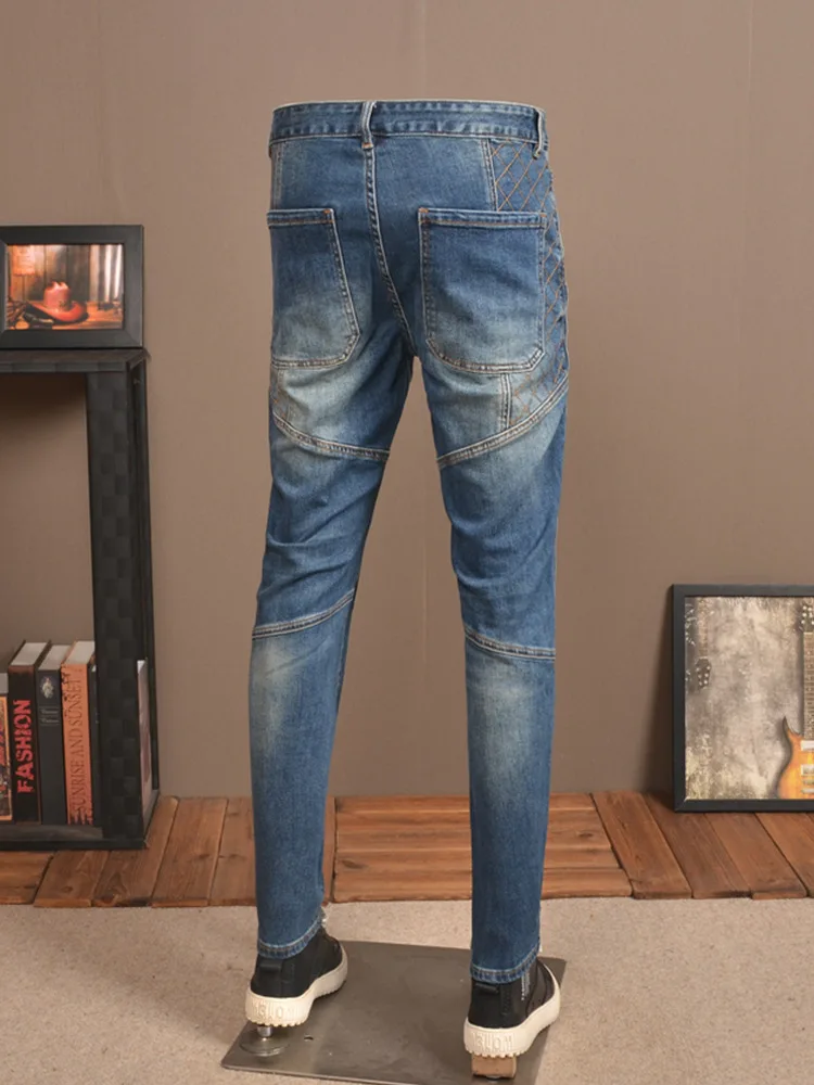 Stitching Motorcycle Jeans Men's Stretch Slim Fit Skinny High Street American Ruan Handsome Washed Retro Men's Pants
