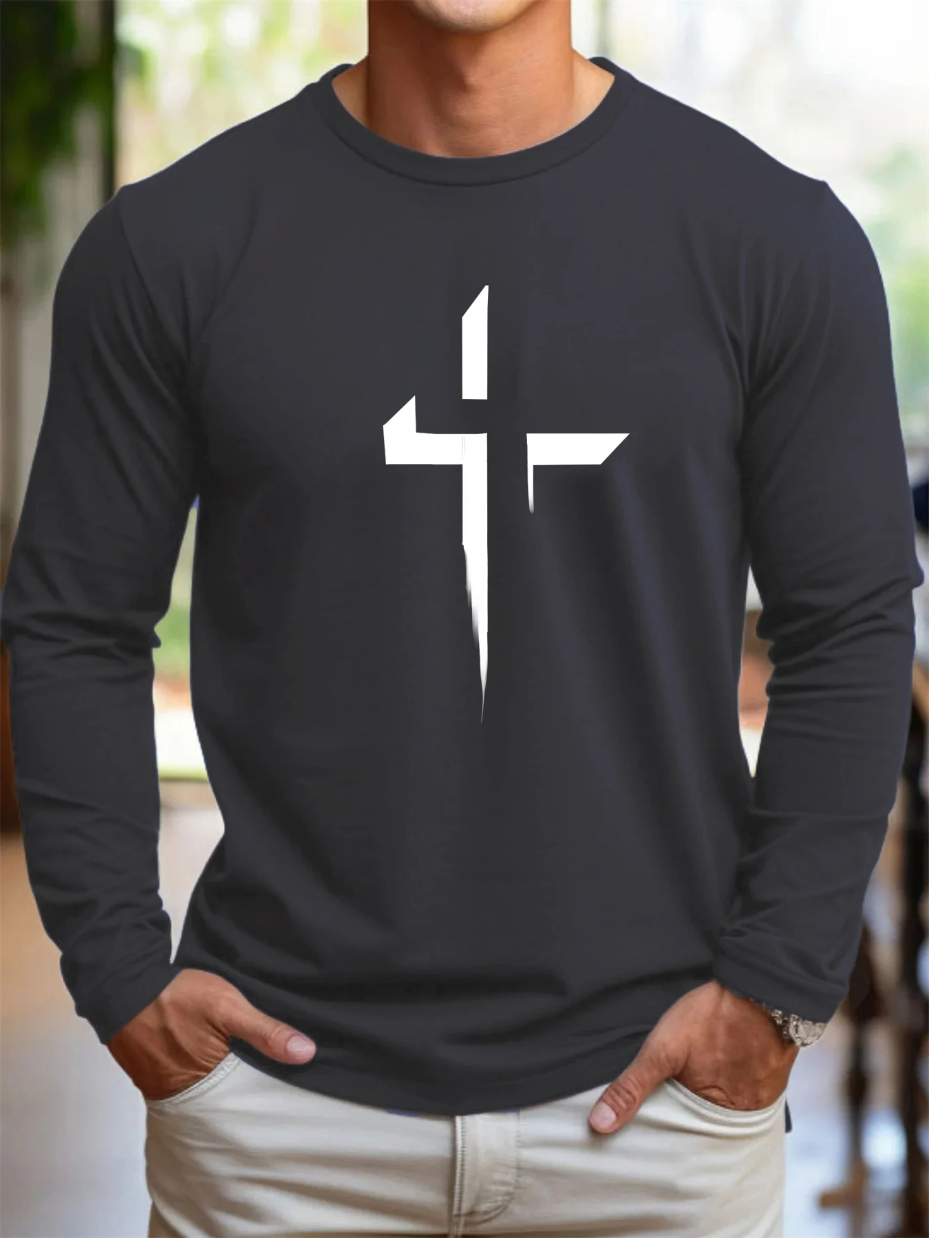 Men's 100% Pure Cotton Long Sleeve round Neck T-Shirt Cross Pattern Print Loose Casual Top for Spring And Autumn