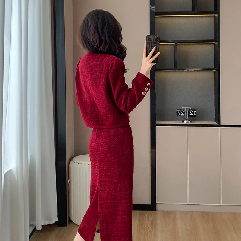 2023 New Red Suit Women\'S Fashion Casual Suit Jacket + Mid Skirt Suit Sexy Party Rich Honour Small Fragrance Tweed Two-Piece Set