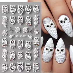 1pc Kawaii Winter Owl Nail Decal 5D Embossed Dreamcatcher Net Sticker Christmas White Rose Flower Engraved Manicure Slider Decor