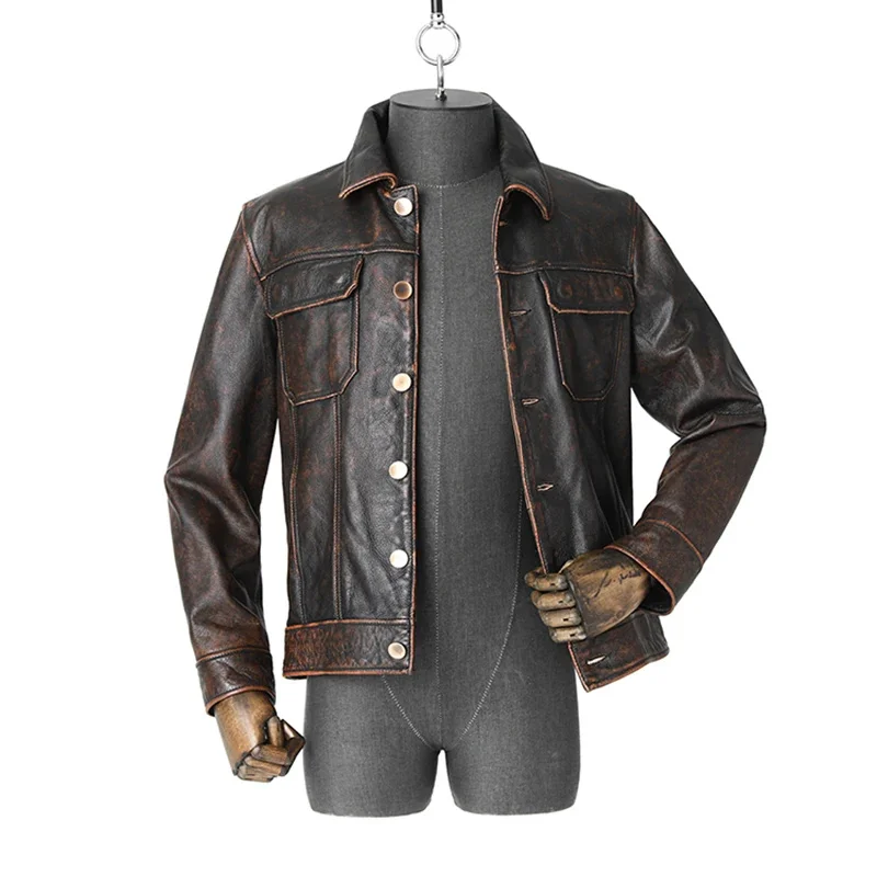 Men's Old Top Layer Cowhide Motorcycle Jacket Reddish Brown Slim Coat Outdoor Hunting Combat Sport Riding Pure Leather Singlet