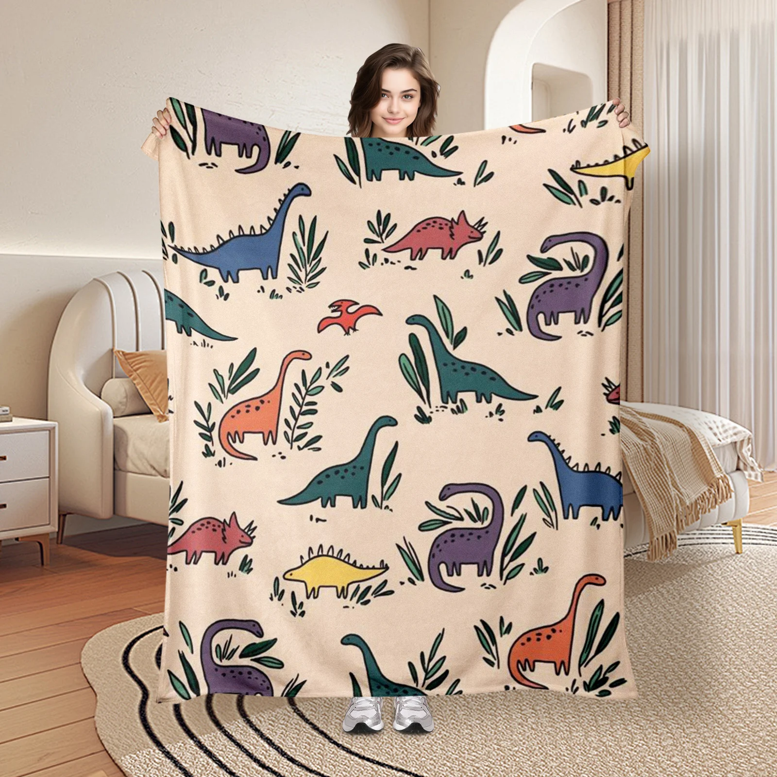 

Elegant Animal Print Blanket With Dinosaur And Leaf Designs In Soft Pink For A Unique And Nature Inspired Home Decor Accent