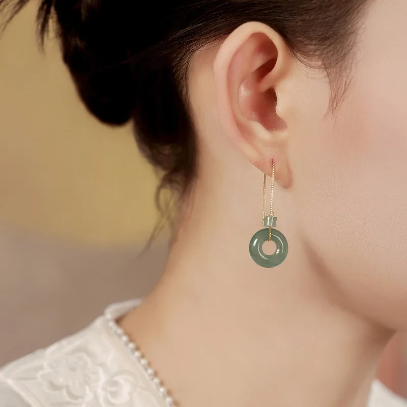 Genuine Natural Blue Water Jadeite Round Drop Earrings S925 Sterling Silver Elegant Long Chic Minimalist Jewelry Gift for Women