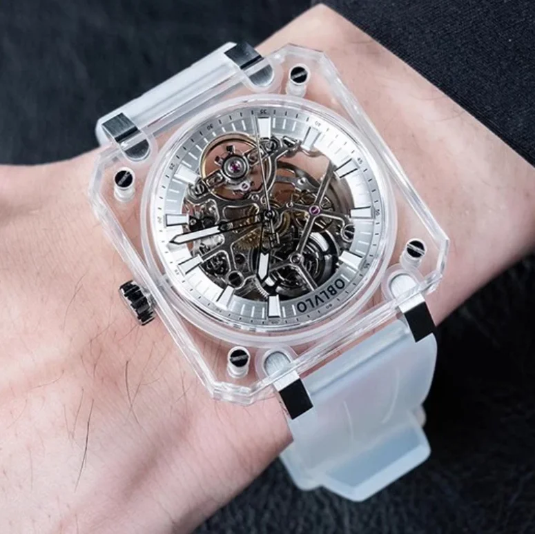 Oblvlo Men Automatic Watch 41.8mm Square Mechanical Wristwatch Acrylic Case Waterproof Sapphire Luminous Skeleton Dial 1A00 Mov