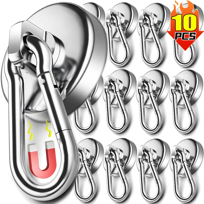Strong Magnetic Hooks Heavy Duty Neodymium Magnet Hook 360°Rotating Carabiner Hook Refrigerator Magnetic Suction Storage Rack