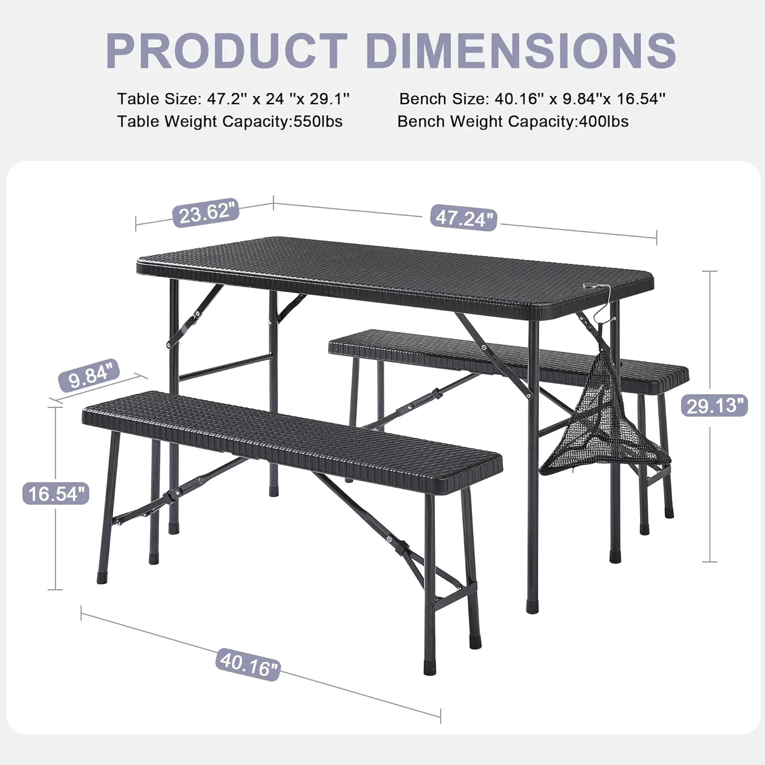 Vecelo Dining Table Set For 4, Faux Rattan Card Folding Dinette For Small Space With 2 Benches, Kitchen/Breakfast Nook/Living