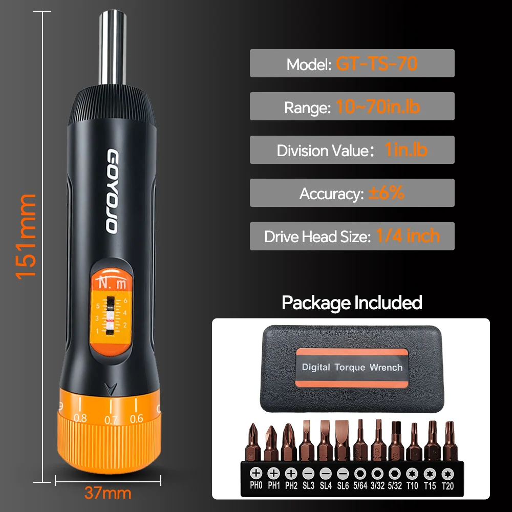 GOYOJO 1/4” Drive Torque Wrench Screwdriver Set 10-70 In-lb,Preset Torque Screwdriver with 12Bits for Maintenance,Bike Repairing