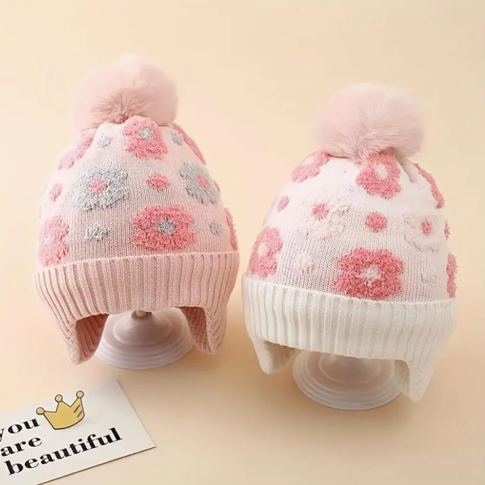 

Acrylic 3-8 Y Kids' Winter Hat with Detachable Ear Warmers Flower Beanie, Soft Pom-Pom Trim, Adjustable Buckle Closure,
