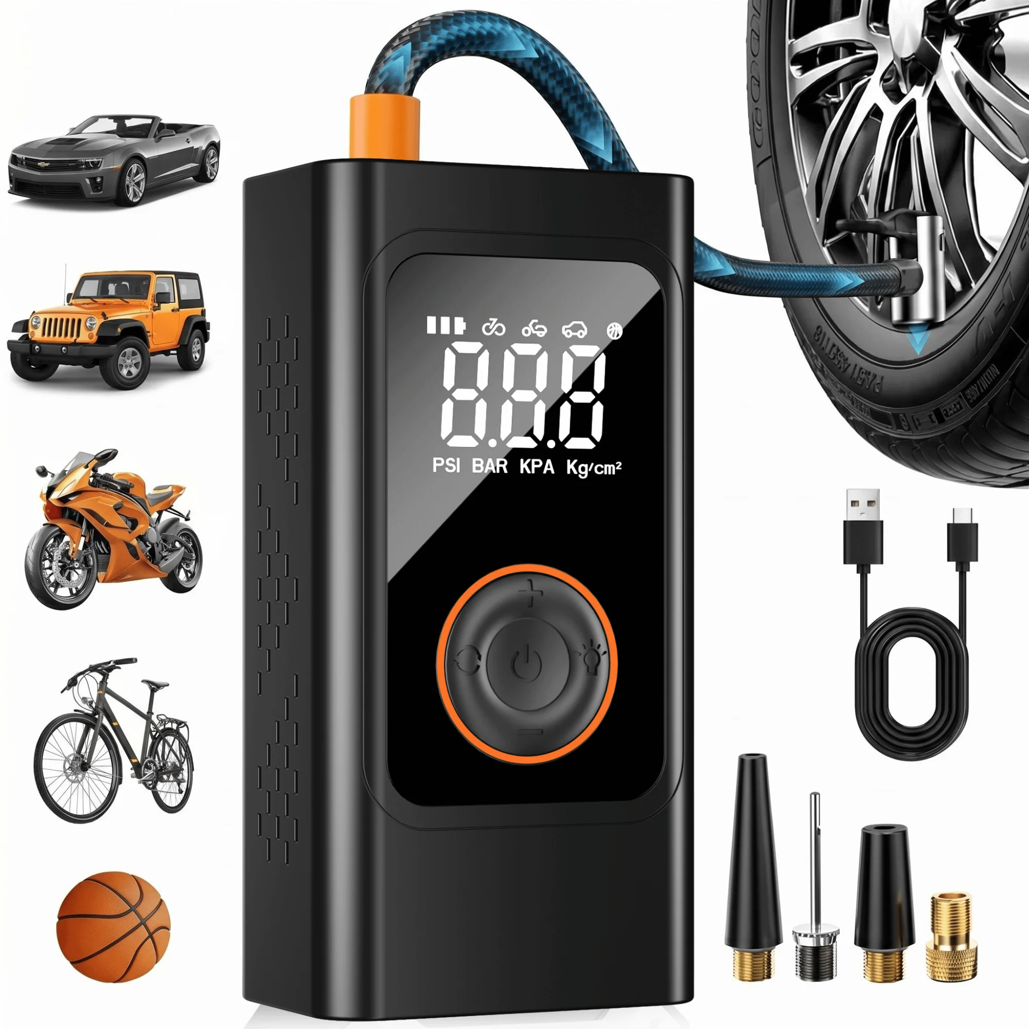 Portable Cordless Tire Inflator 150 PSI, Rechargeable Air Compressor with Digital Pressure Gauge, Fast Electric Air Pump for Car, Motorcycle, Bike and Emergency Roadside Inflation