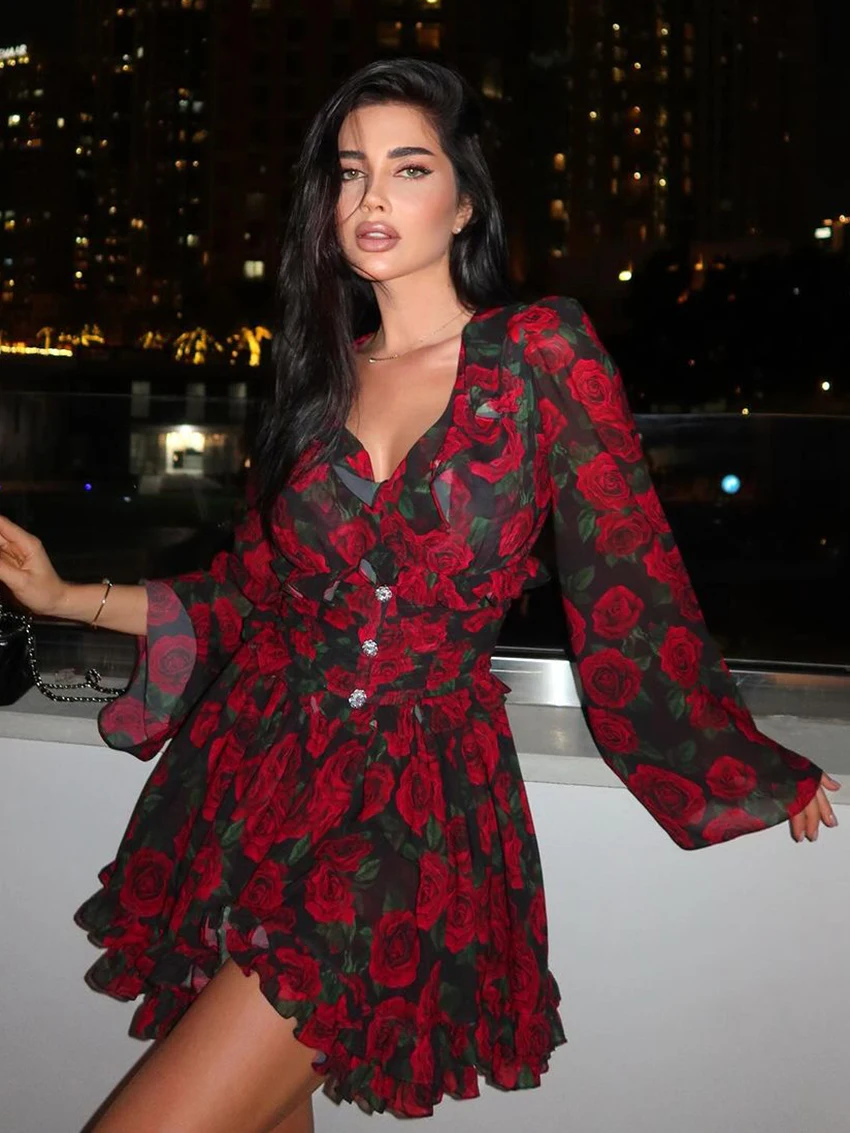 

Marthaqiqi Printing Fashion Ladies Nightwear Long Sleeve Nightgowns Sexy V-Neck Sleepwear Mini Dress Casual Autumn Female Pajama