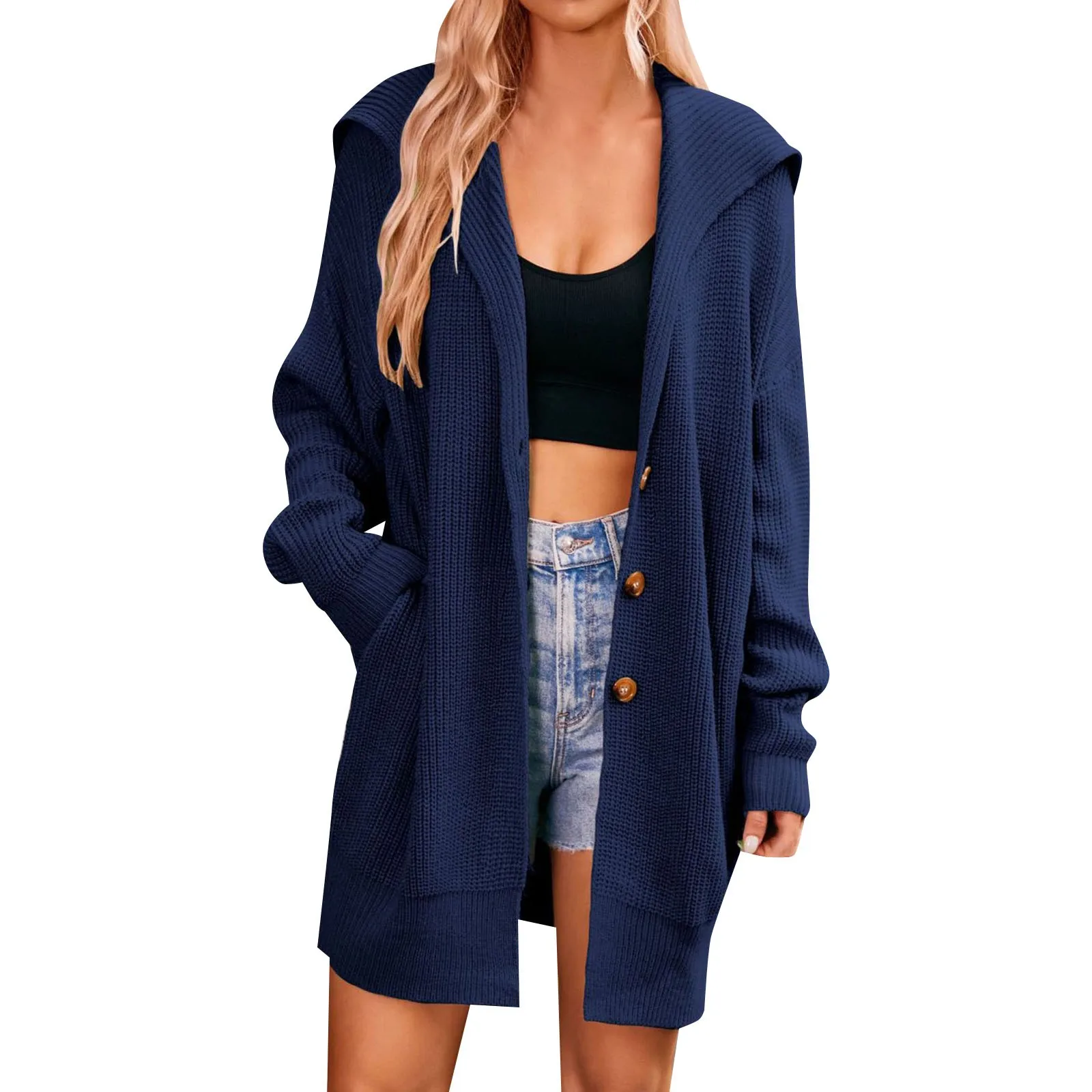 

Women's Solid Color Cardigan With Lapel Pocket Three Button Coat