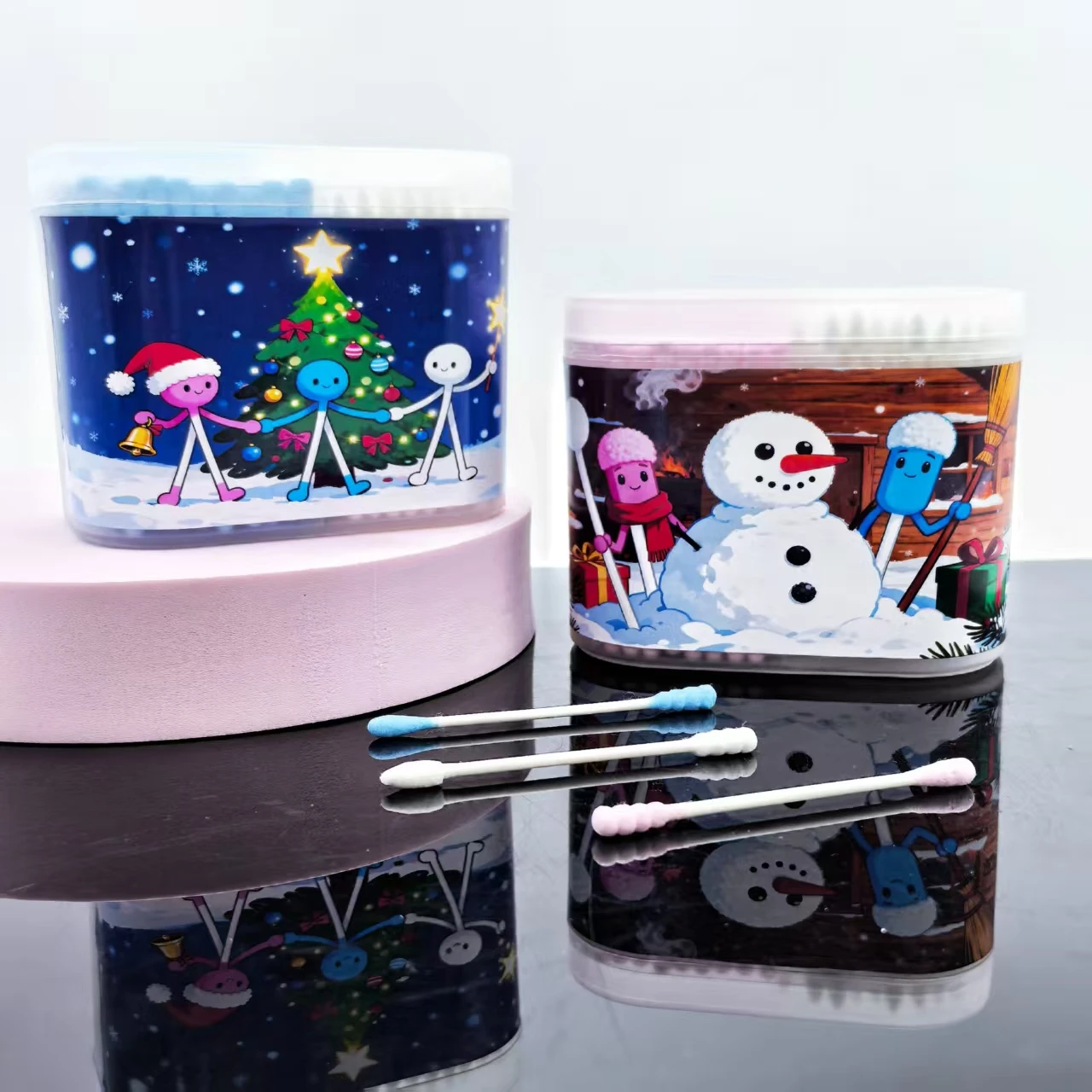 300 قطعة/600 قطعة مسحات قطنية مزدوجة الرأس بطابع عيد الميلاد، مسحات قطنية يومية للبالغين، مسحات قطنية هدية للعطلات