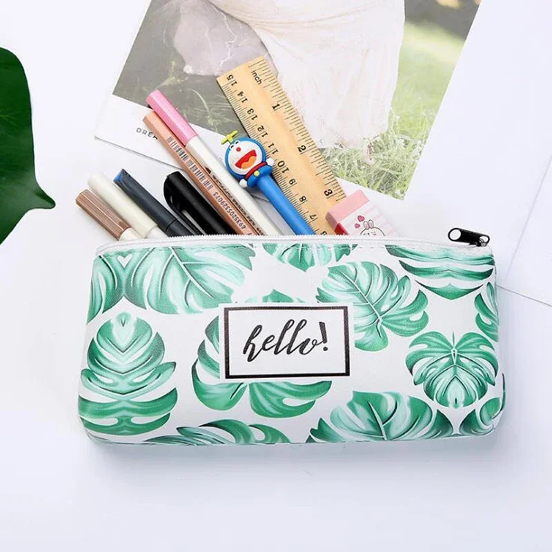 Turtle Back Leaf Random Pattern Leather Zipper Pencil Bags Creative Small Fresh Style Large Capacity Pencil Pouch Stationery