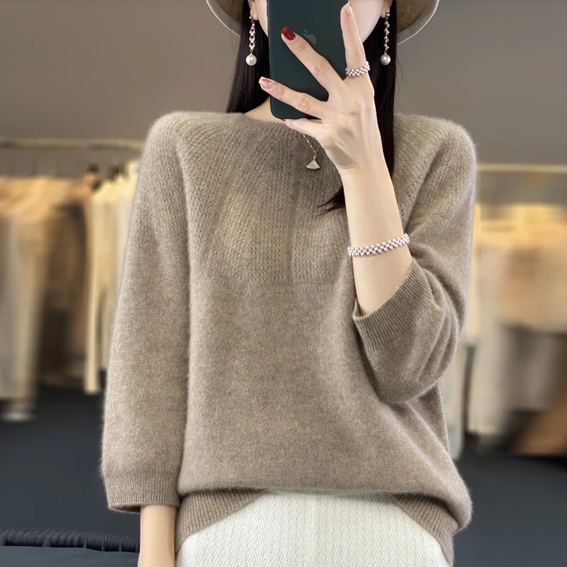 Spring and autumn new 100% pure sweater ladies cropped sleeves O-neck solid color high-end hollow cashmere knit pullover