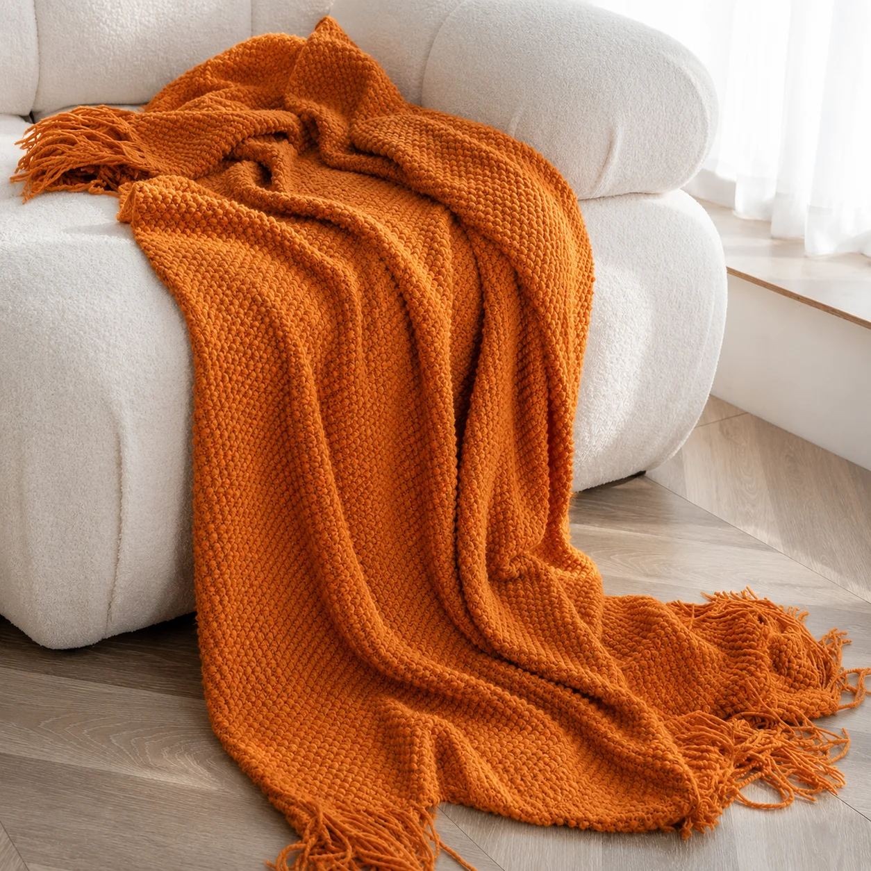 Bright Yellow Diamond Cable Textured Knit Throw Blanket with Tassel Fringe, Soft Knitted Decorative Blanket, Lightweight Cozy Cover for Couch Sofa Bed, Boho Farmhouse Home Decor for Living Room Bedroom