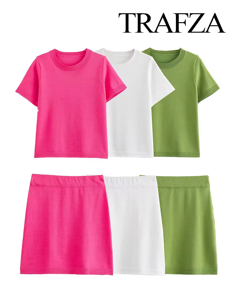 

TRAFZA Women Summer Fashion 2 Piece Set O-Neck Solid Short Sleeve T-shirt Top+Elegant Loose A-line Mini Skirts Streetwear Mujer