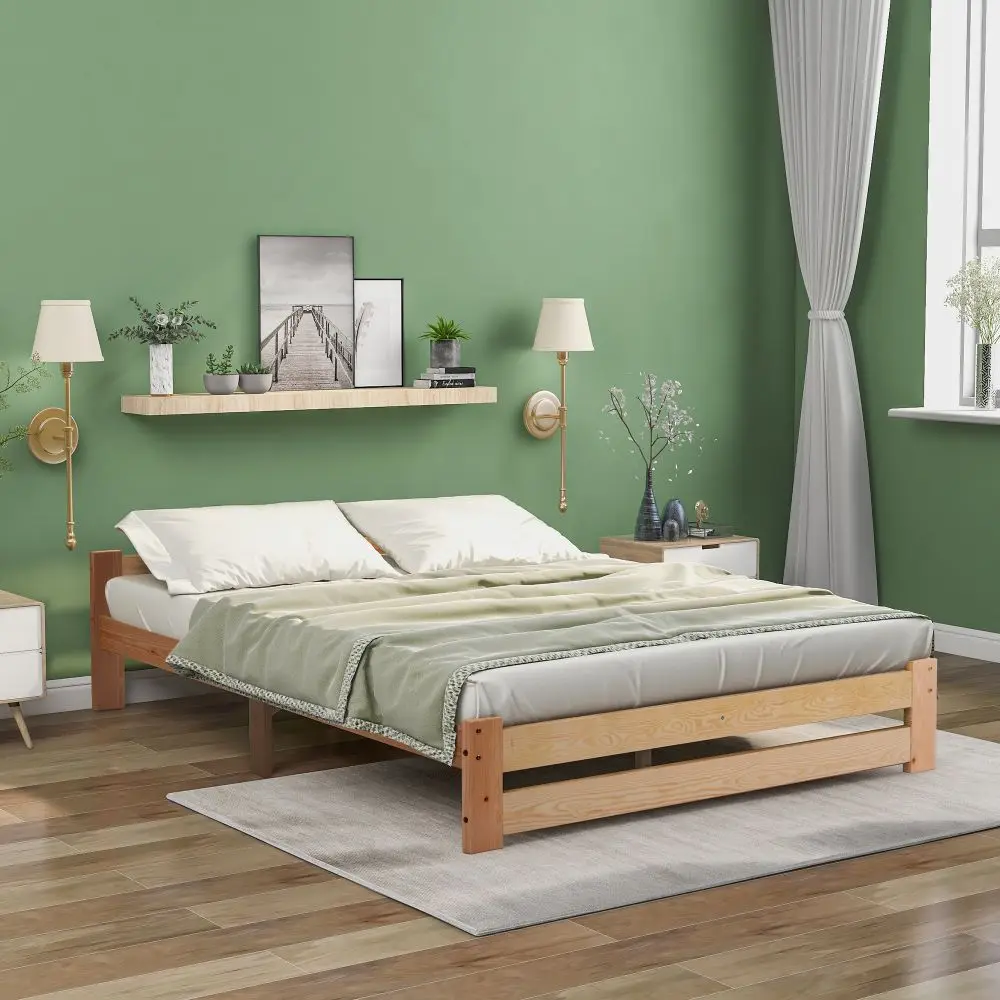 Solid Solid Wood Bed, Futon Bed, Solid Wood, Natural, With Headboard and Slatted Frame, Natural, 200x90cm / 200x140cm