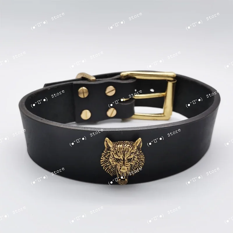 

Handmade Leather Pet Collar Brass Wolf Head Large Dog Collar Pitbull Malinois Doberman Collars Dogs Accessories Pet Supplies